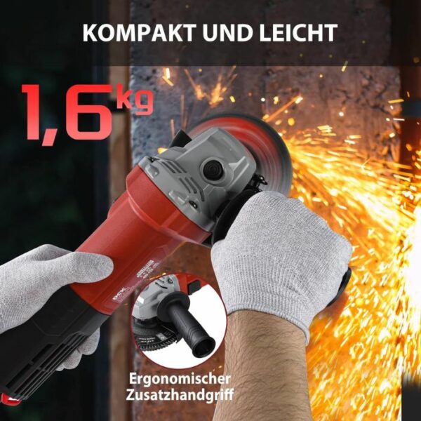 Der DCK Tools KSM17-115B Winkelschleifer kombiniert Kraft, Langlebigkeit und Benutzerfreundlichkeit. Mit einem 1100W Motor und einem kompakten Design ist dieses Werkzeug ideal für professionelle Anwendungen und bietet zuverlässige Leistung bei längeren Arbeiten. 3