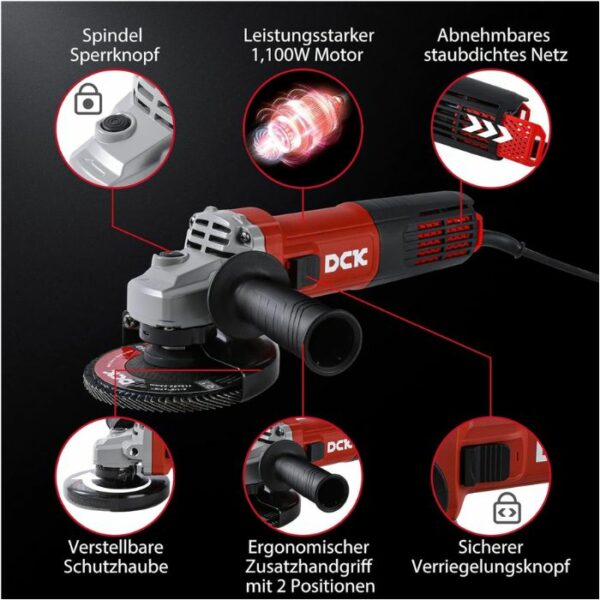 Der DCK Tools KSM17-115B Winkelschleifer kombiniert Kraft, Langlebigkeit und Benutzerfreundlichkeit. Mit einem 1100W Motor und einem kompakten Design ist dieses Werkzeug ideal für professionelle Anwendungen und bietet zuverlässige Leistung bei längeren Arbeiten. 4