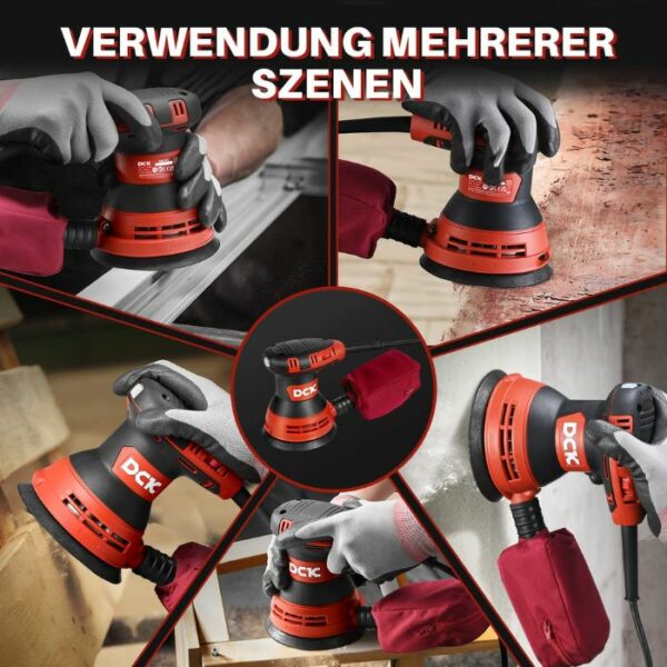 Der DCK Tools KSA125 Exzenterschleifer ist ideal für eine glatte und effiziente Bearbeitung verschiedener Oberflächen. Mit einem leistungsstarken Motor, variablen Geschwindigkeiten und einem ergonomischen Design ist dieser Schleifer sowohl für Profis als auch für Heimwerker geeignet. 8