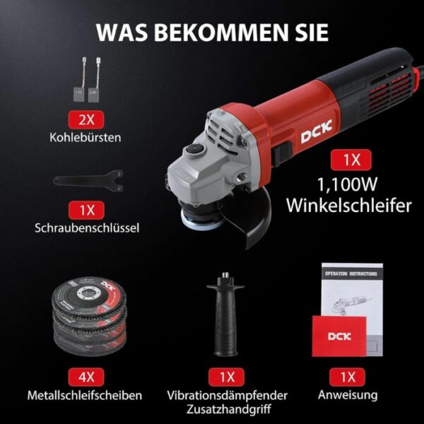 Der DCK Tools KSM17-115B Winkelschleifer kombiniert Kraft, Langlebigkeit und Benutzerfreundlichkeit. Mit einem 1100W Motor und einem kompakten Design ist dieses Werkzeug ideal für professionelle Anwendungen und bietet zuverlässige Leistung bei längeren Arbeiten. 2