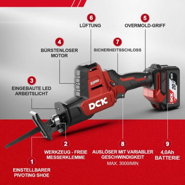 DCK Tools KDJF22 Akku-Säbelsäge 20V 22mm 3000 SPM - 1x4.0Ah 9