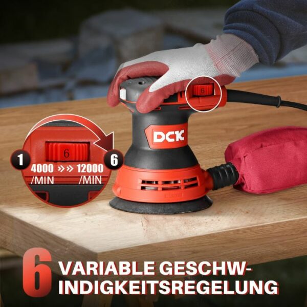 Der DCK Tools KSA125 Exzenterschleifer ist ideal für eine glatte und effiziente Bearbeitung verschiedener Oberflächen. Mit einem leistungsstarken Motor, variablen Geschwindigkeiten und einem ergonomischen Design ist dieser Schleifer sowohl für Profis als auch für Heimwerker geeignet. 4