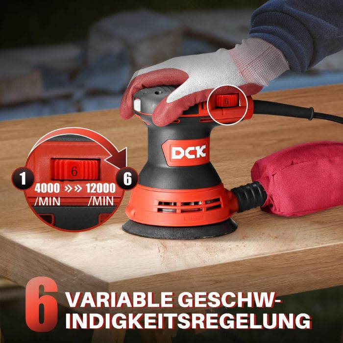 Der DCK Tools KSA125 Exzenterschleifer ist ideal für eine glatte und effiziente Bearbeitung verschiedener Oberflächen. Mit einem leistungsstarken Motor, variablen Geschwindigkeiten und einem ergonomischen Design ist dieser Schleifer sowohl für Profis als auch für Heimwerker geeignet. 4