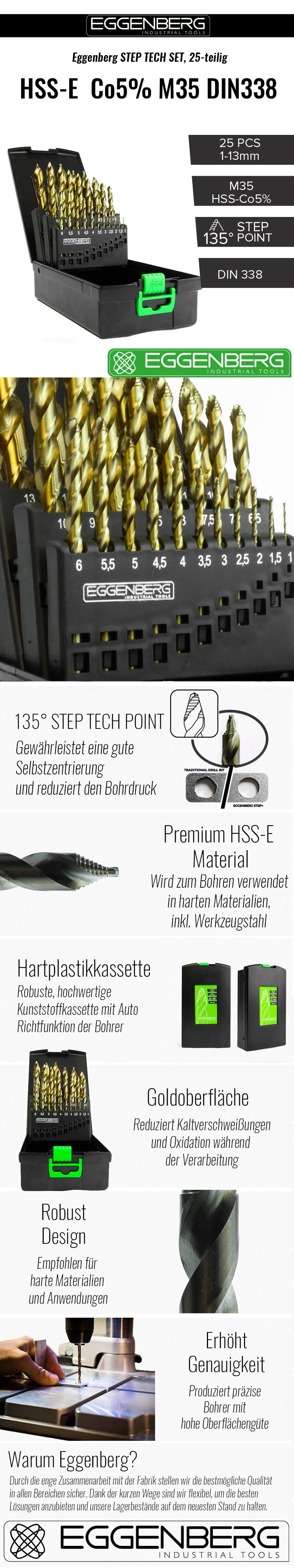 Eggenberg HSS Co5% Spiralbohrersatz mit STEP POINT M35 DIN338 – 25-teilig 1-13 mm